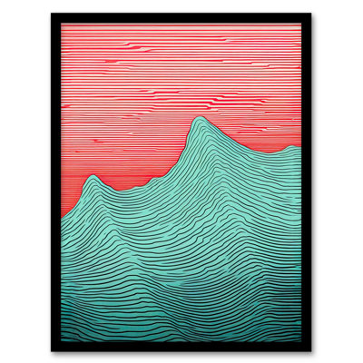 Linear Waves Abstract Line Drawing Sea Red and Turquoise 1 Piece Single Picture Frame Wall Art