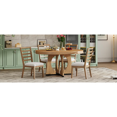 Round Dining Table For 4, 5 Piece Retro Design With Extendable 16" Leaf And Geometric Shape Removable Upholstered Seating