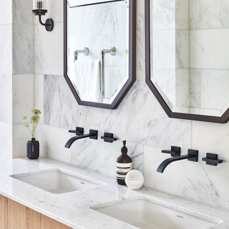 8 W Wall Mounted Widespread 2-Handle Solid Brass Bathroom Faucet, Matte Black