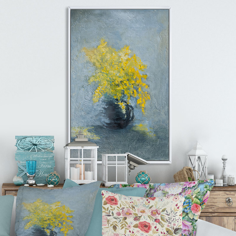 Nature morte jaune et bleu Mimosa - Peinture, H 20 po x l 12 po x P 1 po, Cadre flottant blanc