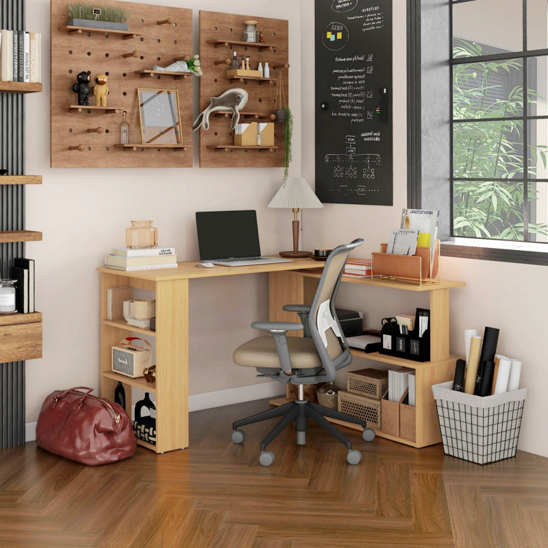 Bureau d'angle en L, bureau à domicile rotatif à 360 degrés avec tablettes de rangement, table d'écriture pour la maison
