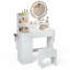 Bureau de maquillage pour coiffeuse avec lumières DEL et miroir rotatif, bureau de coiffeuse avec 2 tiroirs, 6 compartiments à fentes, plateau de table pliable, tabouret de rangement, prises de courant, support pour sèche-cheveux, blanc