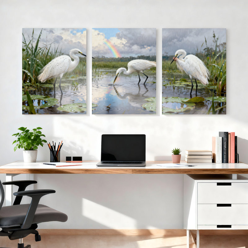 Ensemble de 3 tableaux sur toile tendue représentant un héron blanc dans une zone humide avec un arc-en-ciel