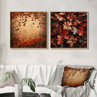 «Red Falling Oak Leaves I» - art mural feuilles - ensemble d'art mural traditionnel 2 pièces