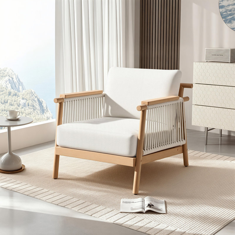 Solid Wood Outdoor Patio Lounge Chair With Removable Olefin Cushion, Cream White