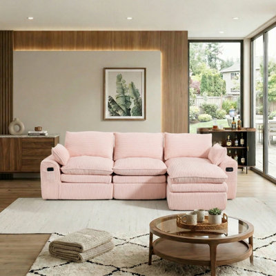 Modern 110" Wide Corduroy Cloud Sofa Sectional with Ottoman, No Assembly Required, Comfy Modular L-Shaped Sofa