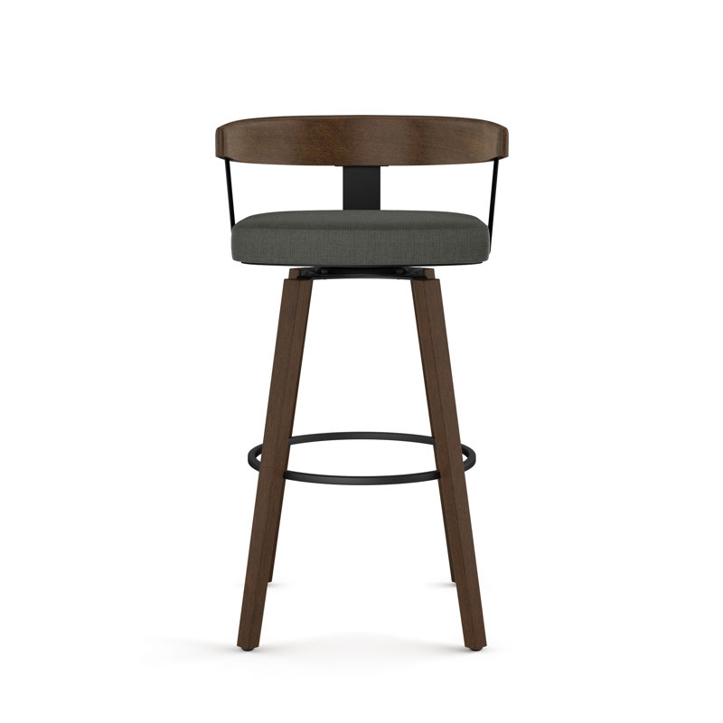Calvion Swivel Counter & Bar Stool with Wooden Backrest, Charcoal Gray, Counter Stool (26.25" Seat Height), Brown