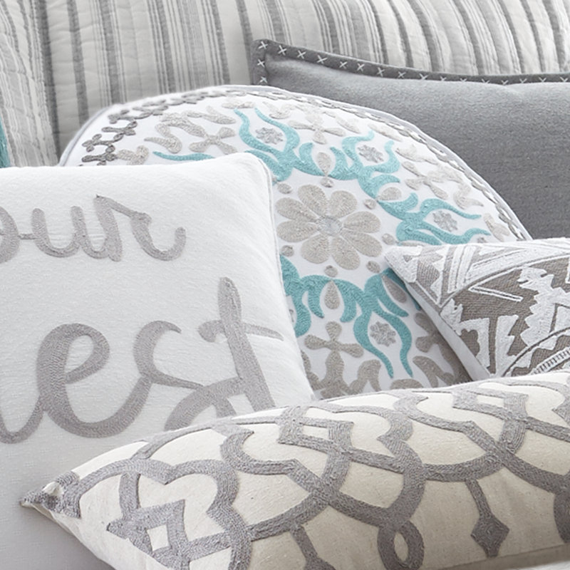 Bondi Stripe Grey Round Crewel Stitch Pillow
