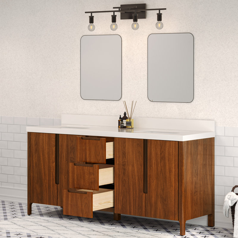 Sequoia 72 In. Double Sink Whitebrook Quartz Countertop Bath Vanity in Mango Wood, Noir Juglans