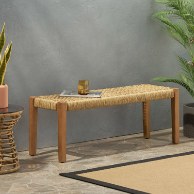  Backless Acacia Wood Outdoor Bench with Faux Rattan Seat, Handcrafted Design for Garden, Patio, or Backyard, Durable and Compact Seating with Natural Finish