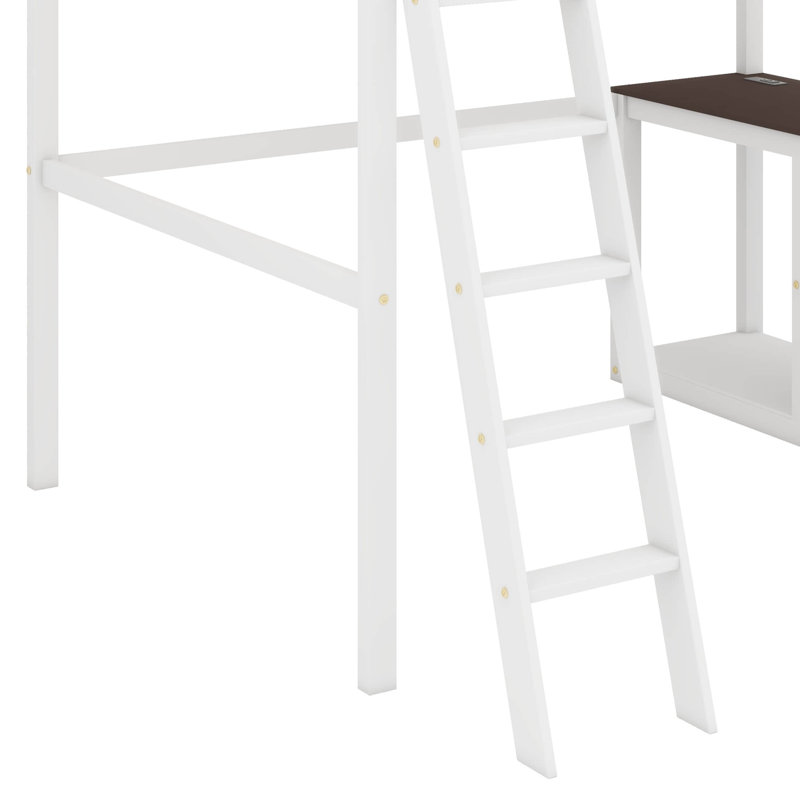 Grand lit mezzanine surélevé combiné à un bureau, une étagère ouverte et un port de chargement USB