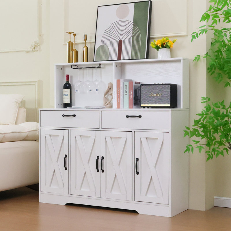 Armoire de cuisine moderne à deux niveaux avec support à verres à vin, 2 tiroirs et 6 espaces de rangement cachés, buffet 46,85 po