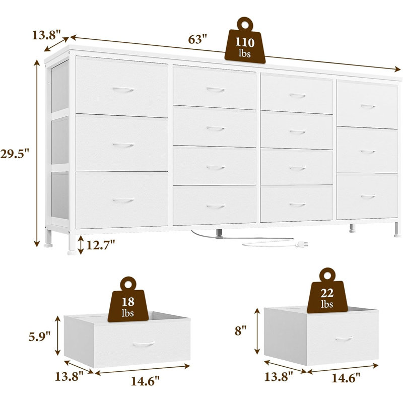 63" W Drawer Dresser, Chest Of Drawers, 14 Drawer For Bedroom With Power Outlets, White
