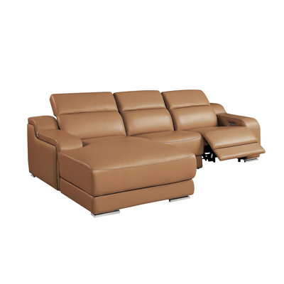 Hillcrest Cognac Left-Facing 3-Piece L-Shaped Sectional In Top-Grain Italian Leather With 1 Power Recliner & Adjustable Headrests