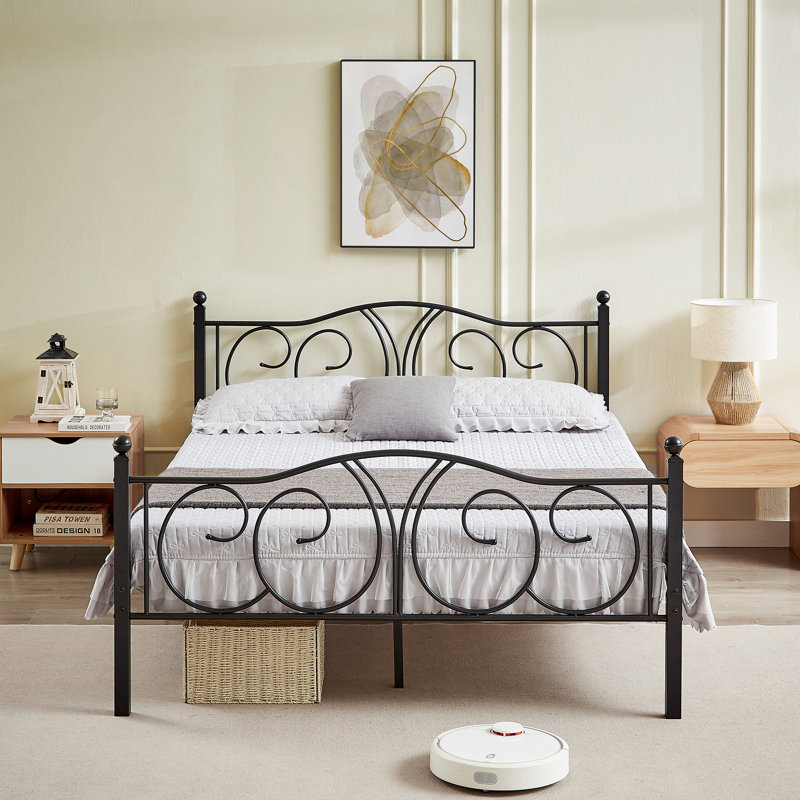 Metal Platform Bed Frame Mattress Foundation with Deluxe Iron-Art Headboard/Footboard, Metal Black, Double (4'6)