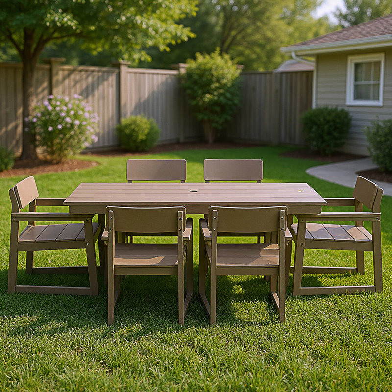 Ensemble de salle à manger 7 pièces pour l'extérieur, table de patio avec trou pour parasol et 6 chaises avec accoudoirs