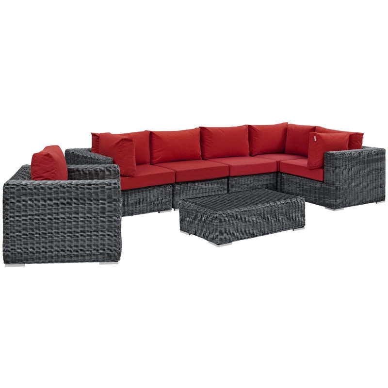 Invite 7 Piece Outdoor Patio Sunbrella Sectional Set, Canvas Jockey Red Sunbrella® Canvas