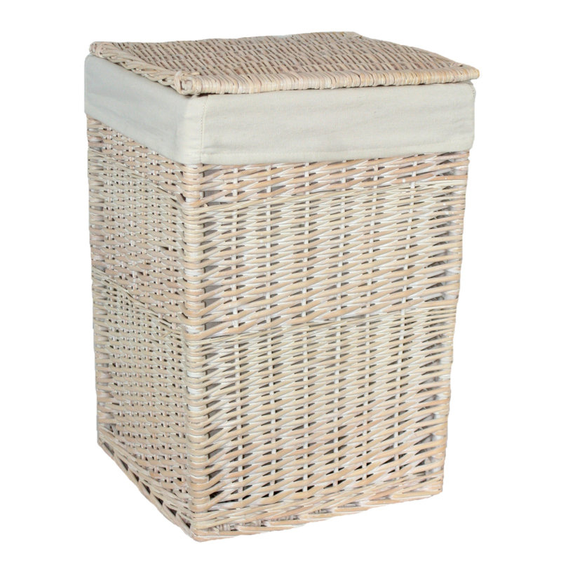 2 Piece Wicker Lined Laundry Basket Set, White Wash