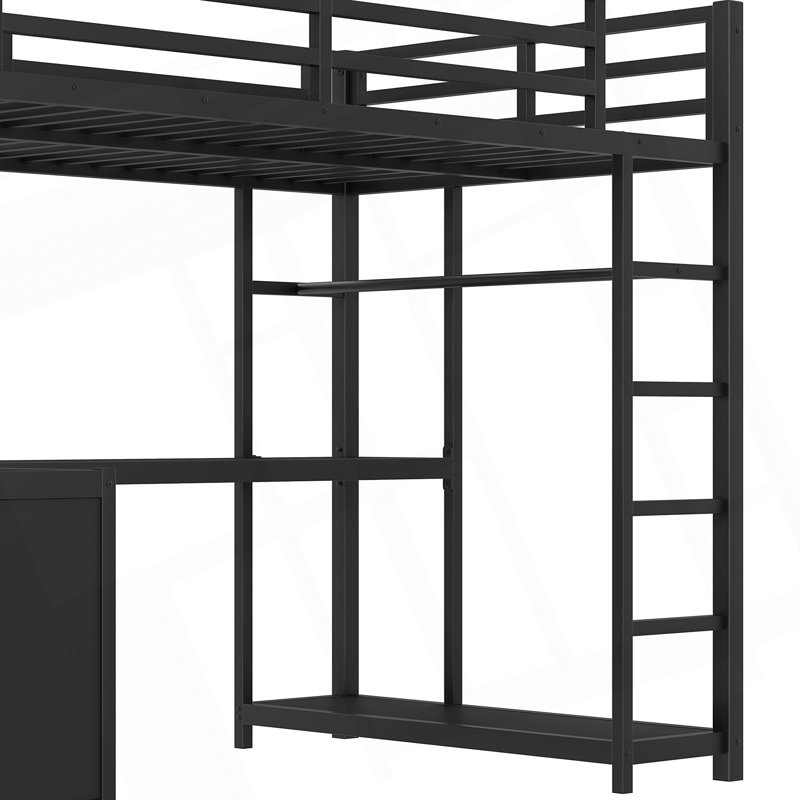 Lit mezzanine en métal avec garde-robe, bureau en L et tablettes de rangement pour une économie d'espace., Simple très long