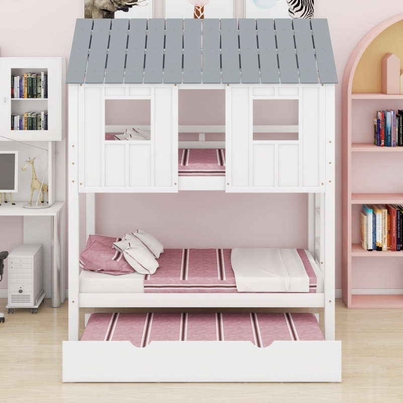 Lit superposé de style maison de jeu avec toit ouvrant, fenêtres et lit gigogne