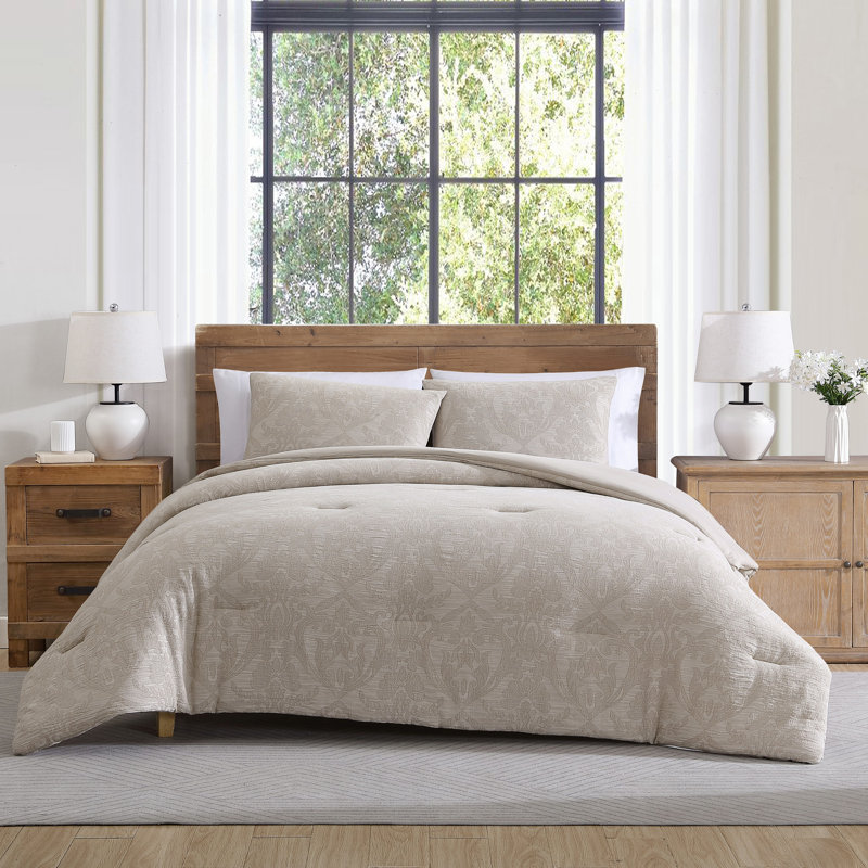 Ensemble d'édredon en coton damassé taupe 3 pièces Camille, Édredon pour très grand lit + 2 taies décorativ