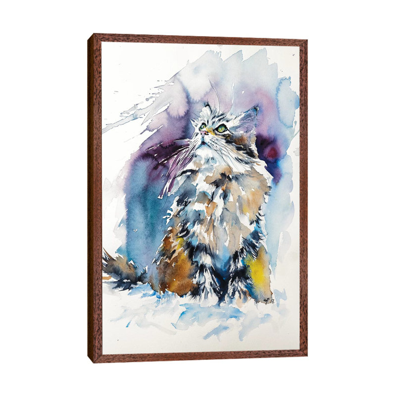 Cat On The Snow by Anna Brigitta Kovacs - Print on Canvas, 66.04 cm H x 45.72 cm W, Classic Brown Wood Framed