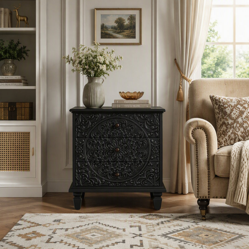 Table de chevet en bois sculpté à 3 tiroirs, commode d'appoint vintage à volutes en relief pour chambre et salon