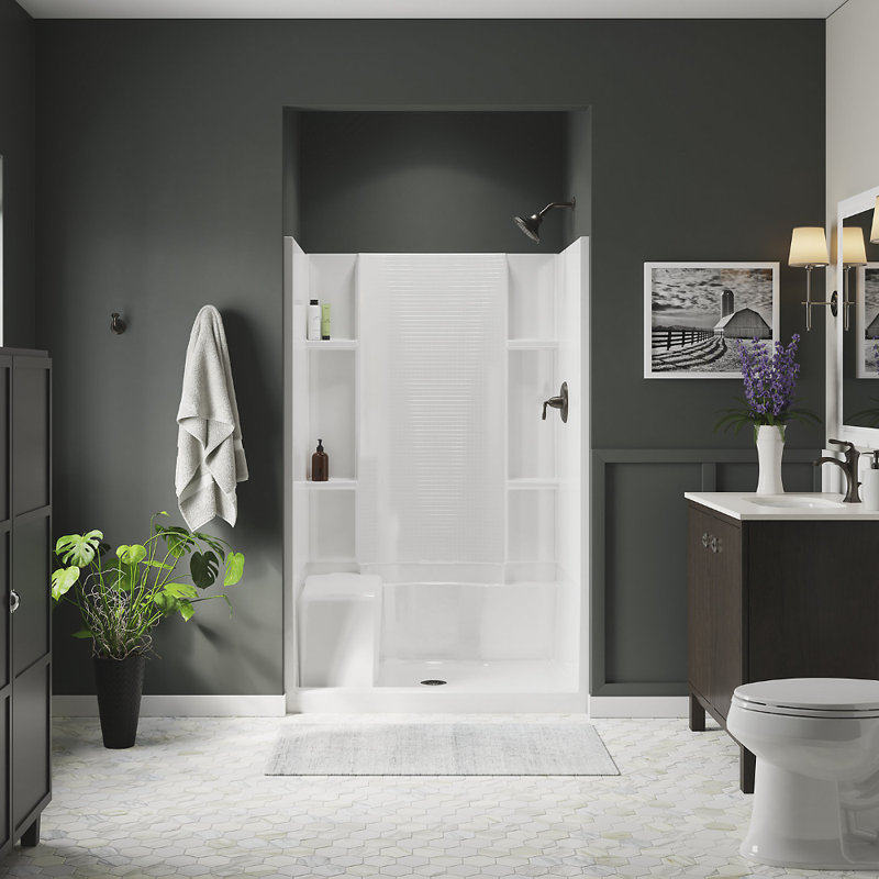 48" W x 74.5" H Framed Rectangle Shower Stall with Seat, Towel Bar and Base Included, Silver