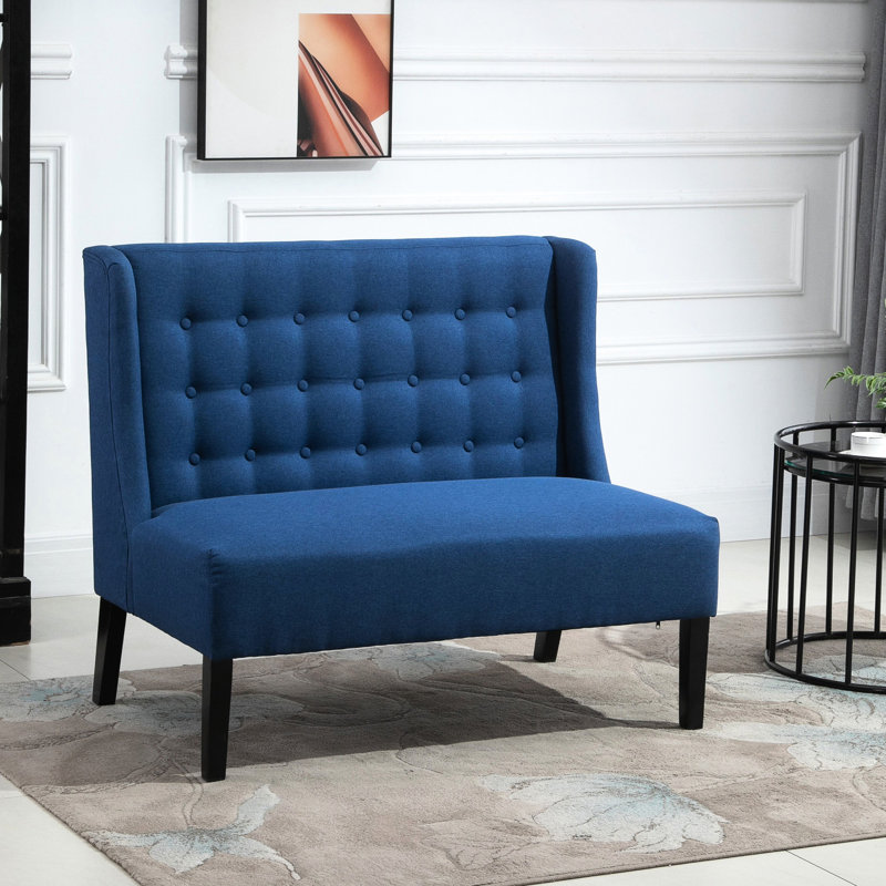 Blue Wingback Double Couch With Soft Cushion And Wood Frame Structure Elegant Linen Fabric Button Tufting Robust Legs,