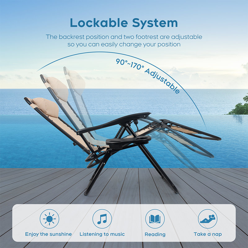 Zero Gravity Chair Patio Folding Lawn Outdoor Lounge Gravity Camp Reclining Lounge Chair With Cup Holder Pillows, Brown
