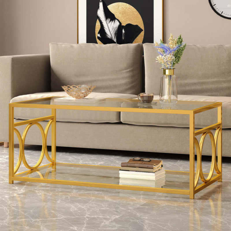 Table basse en verre de luxe moderne avec structure en métal, table basse rectangulaire avec tablette de rangement inférieure, table de centre Art déco pour le salon