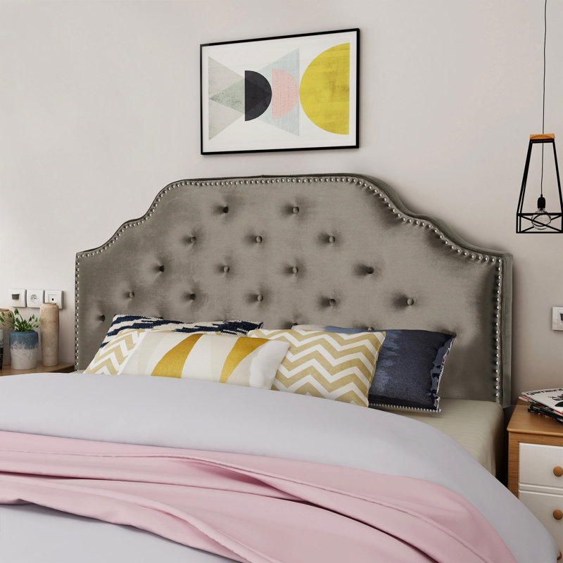 Full Sized Headboard In Charming Grey Velvet With Button Charisma Attractive Allure, Full , Gray