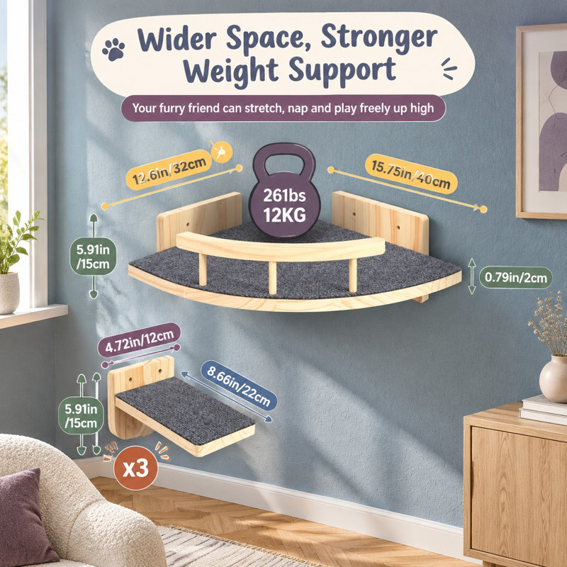 Étagère murale de coin en bois pour chat avec 3 plates-formes et tapis antidérapant ; système d'escalade mural robuste et stable pour chats jusqu'à 12 kg, facile à assembler