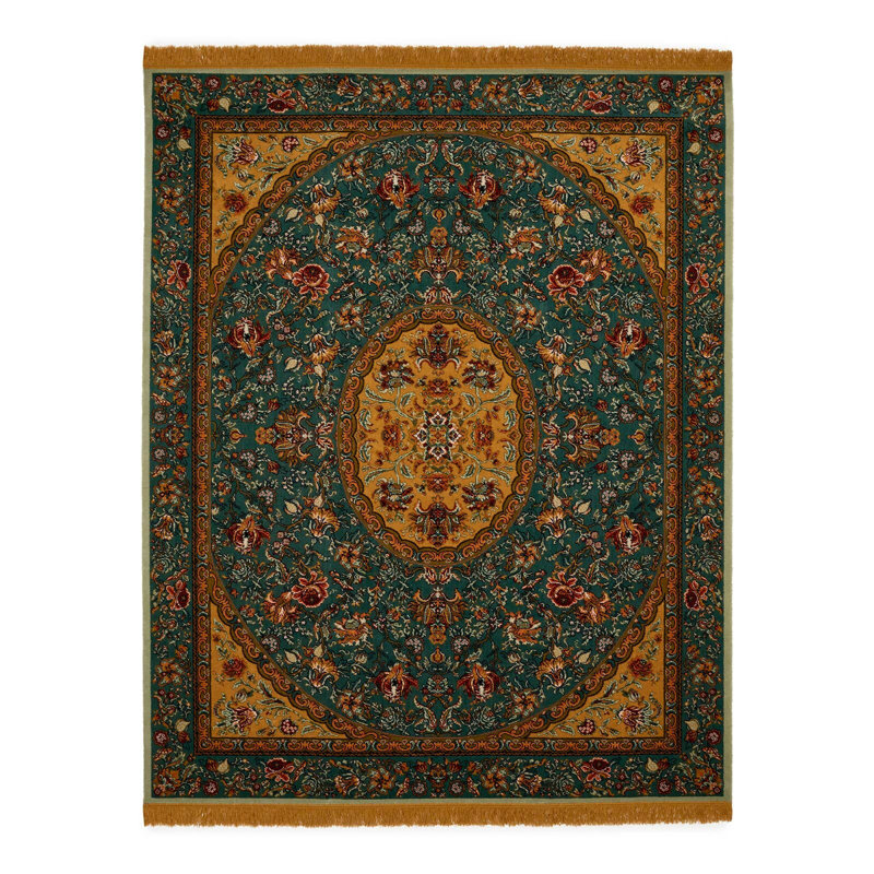 Artemis Machine Woven Wool Oriental Area Rug in Petrol/Gold
