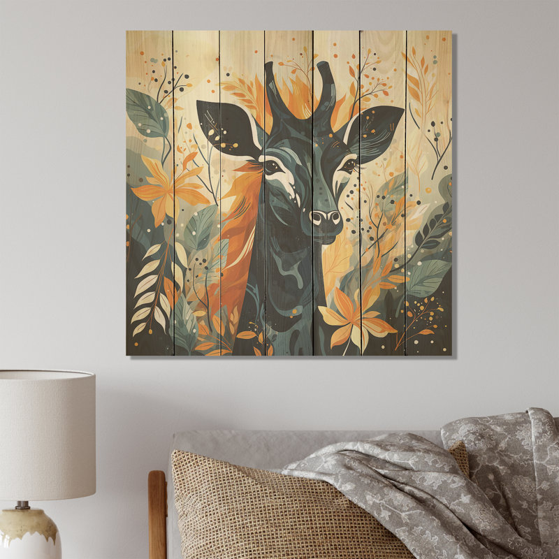 Girafe créative jaune et bleue - impression de girafe sur bois, H 36 po x l 36 po