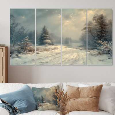 White Grey Winter Road Into Forest III - Winter Landscape Wall Decor Set