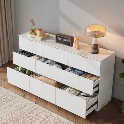 9 Drawer 63" Wide Dresser for Bedroom, White Wooden Large Chest of Drawers Organizer with Sturdy Metal Handle, Modern TV Stand Dresser for Living Room Office, Hallway, Ball Bearing Slide