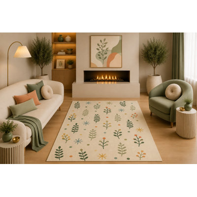 Tapis vert scandinave 5 pi x 7 pi à motif de feuilles vertes et d'étoiles pour salon, chambre à coucher, salle à manger, chambre d'enfant