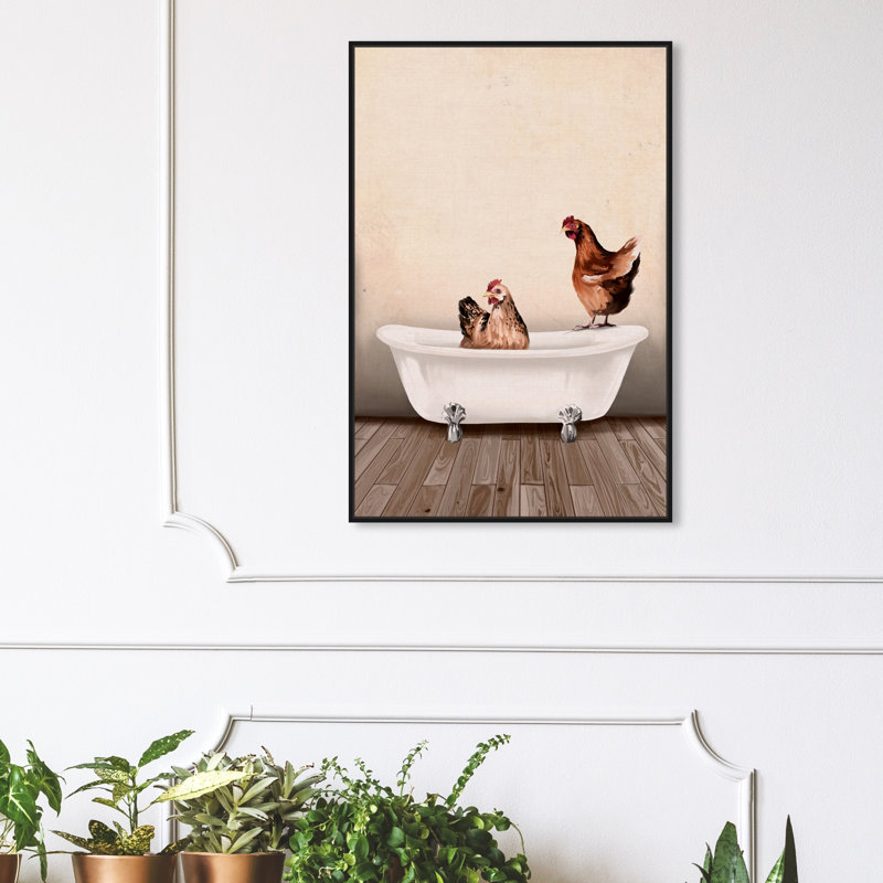 " Animals Rustic Chicken Bathroom III Rooster " by Oliver Gal, Black Framed, 30" H x 20" W x 1.5" D