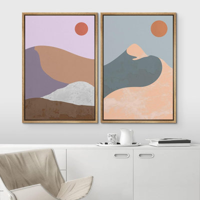 Soleil et lune au-dessus du désert, dunes de sable, nature, minimaliste, Mid-Century