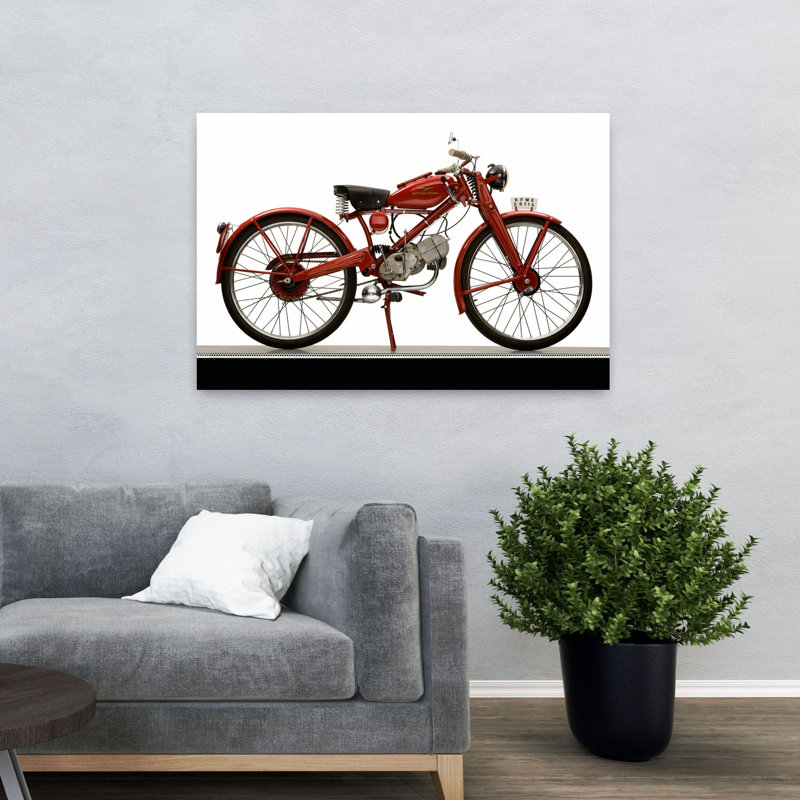 1951, Moto Guzzi Hispania Motoleggera 65, moto, paysage abstrait classique, art mural, H 32 po x l 48 po