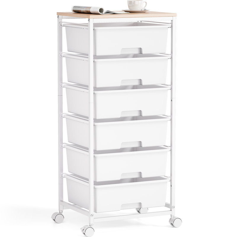 Rolling Storage Drawers with Wheels ,Utility Cart with 6 Large Drawers and Wooden Tabletop, White