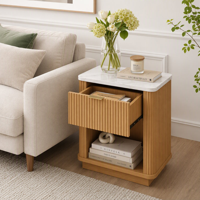 Table de chevet en bois avec tiroir de rangement et tablette ouverte, Natural, Individuel
