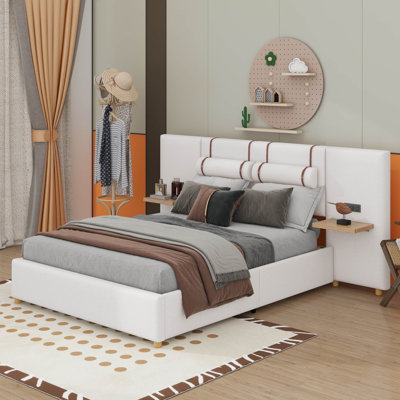 Grand lit plateforme tapissier avec ports de charge USB