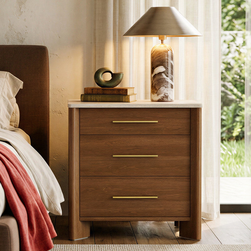 Auris 23.6" 3-Drawer Nightstand with Stone-Look Top, 24" H x 23.6" W x 15.6" D