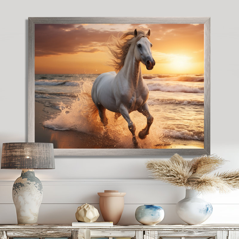 Cheval sauvage qui court sur la plage 2 - Impression sur toile encadrée Coastal Beach, Cadre d'angle fermé noir