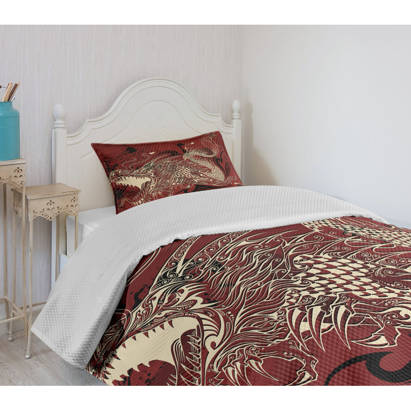 Twin White Quilted Bedspread Set with Dragon Design