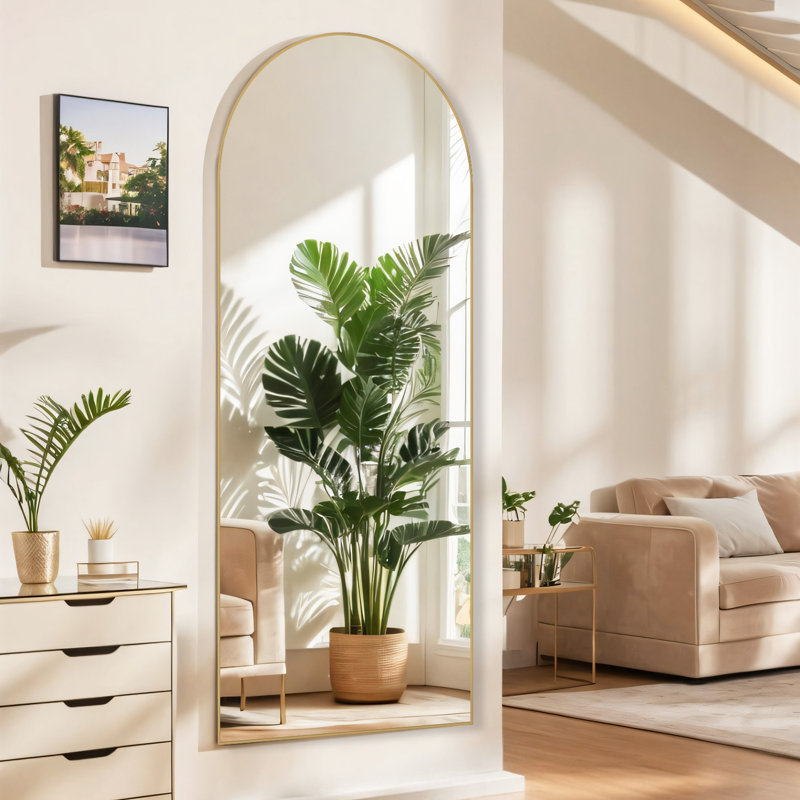 Levente Full Length Mirror, Arched Floor Mirror Freestanding, Full Body Mirror With Stand For Living Room, Gold, 64" x 21"