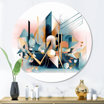 Bleu et rose embrassant le cubisme I - Minimalisme abstrait, art mural rond sur métal