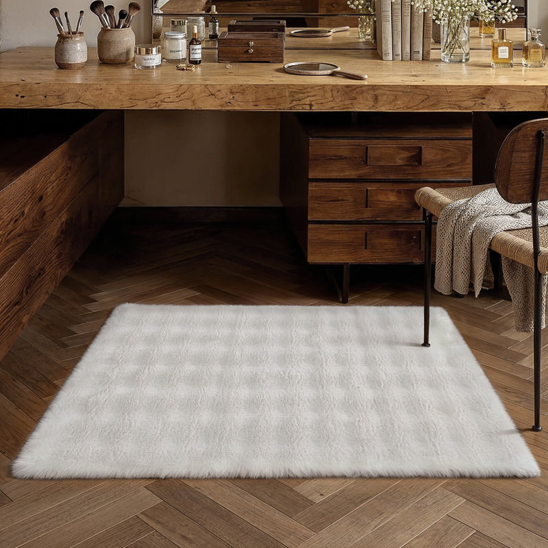 Tapis moderne en lapin uni doux et antidérapant lavable à la machine, Blanc, Rectangle 3' x 5'
